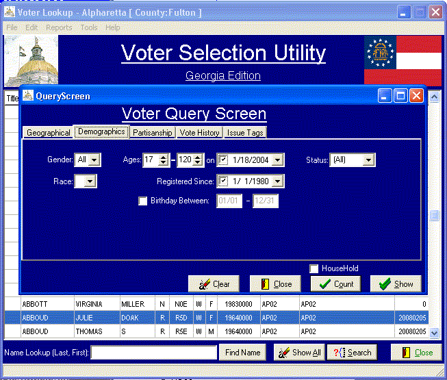 Demographic Query Screen